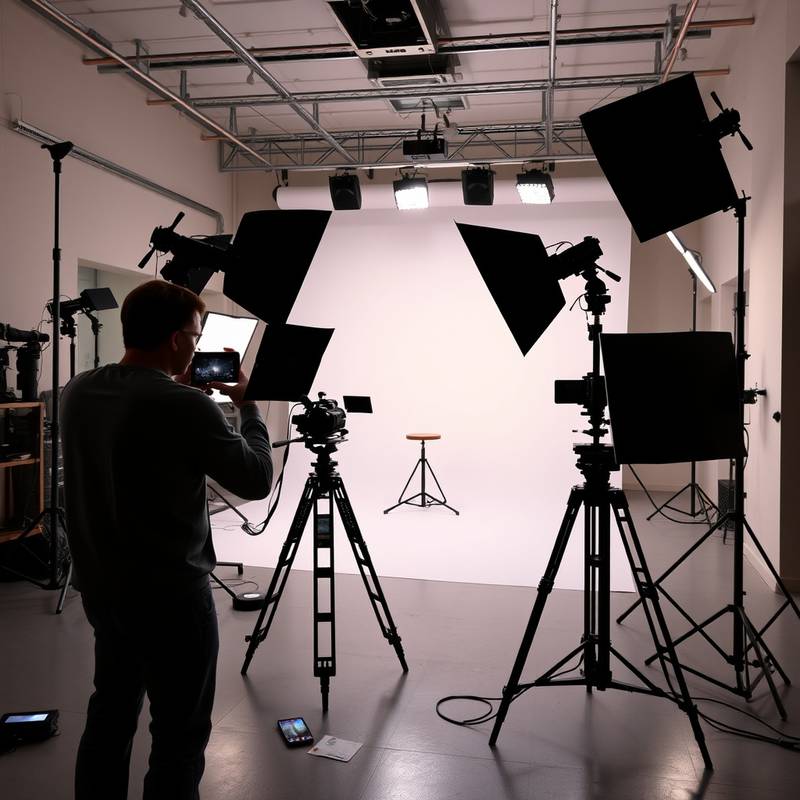 Einblick in das Filmstudio der Film Akademie Zürich mit professioneller Beleuchtung und Kameraausrüstung